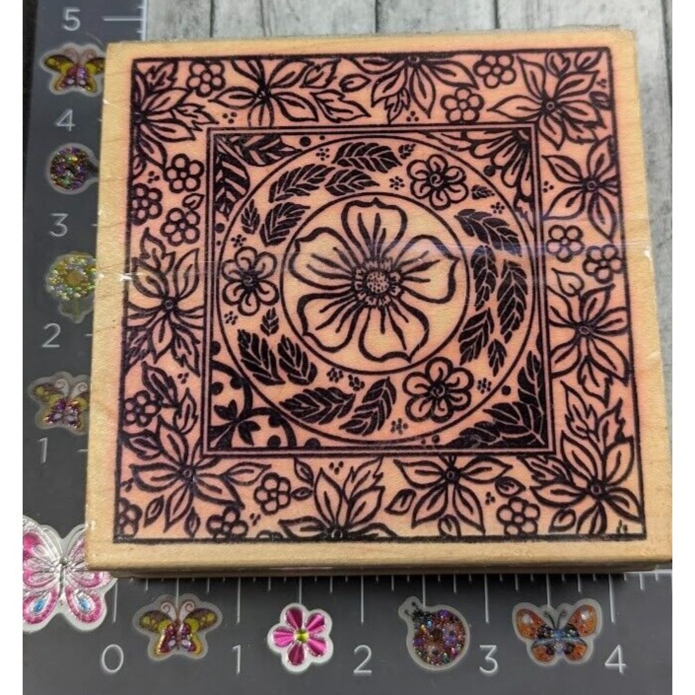 Magenta Flower Leaves Design Square Rubber Stamp Wood #E16